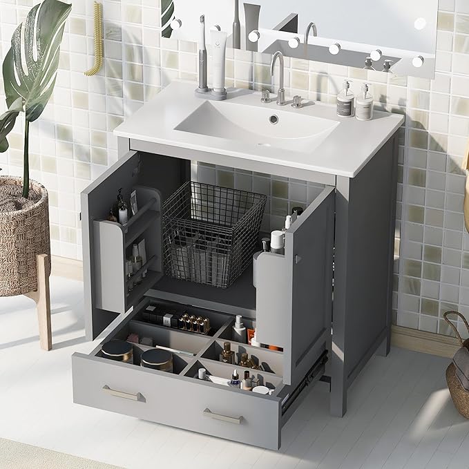 LUMISOL 30" Gray Bathroom Vanity with Sink, Solid Wood Bathroom Vanity with a Drawer and 2 Doors, Multifunctional Storage Racks, Freestanding Bathroom Storage Cabinet with Ceramic Sink, Grey