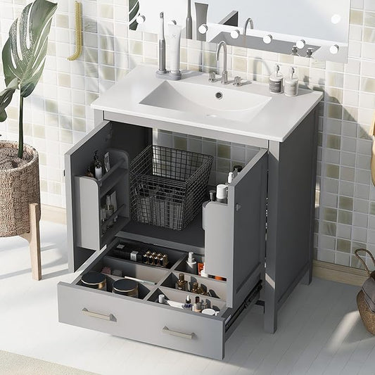 LUMISOL 30" Gray Bathroom Vanity with Sink, Solid Wood Bathroom Vanity with a Drawer and 2 Doors, Multifunctional Storage Racks, Freestanding Bathroom Storage Cabinet with Ceramic Sink, Grey