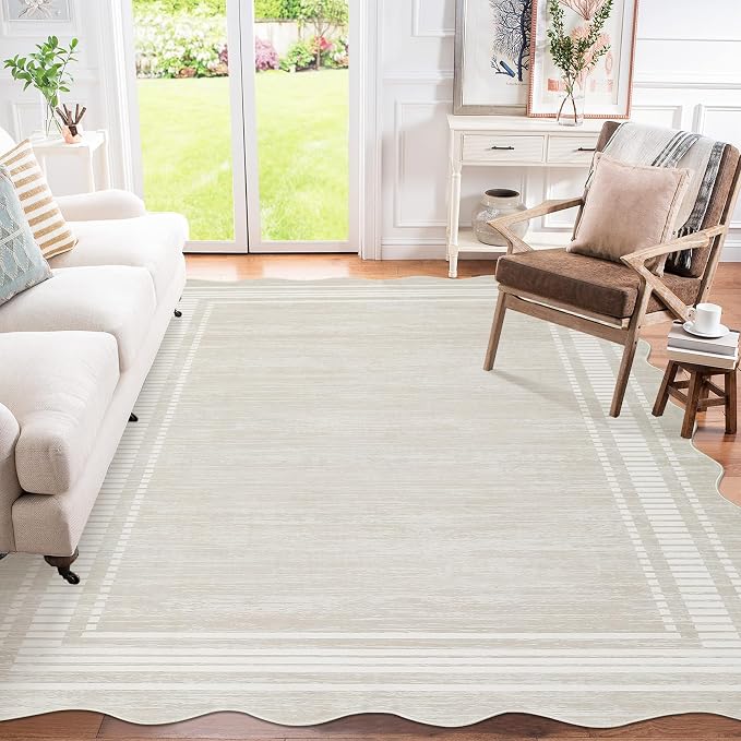 Garvee Scallop Area Rug 5x7 Washable Rugs for Bedroom Neutral Rug Beige | Rugs for Living Room, Non-Slip Soft Carpet for Bedroom, Scalloped Low-Pile Solid Rug Accent Rug for Dining Room Home Office