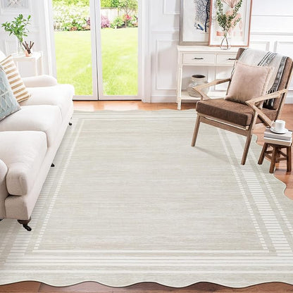 Garvee Scallop Area Rug 5x7 Washable Rugs for Bedroom Neutral Rug Beige | Rugs for Living Room, Non-Slip Soft Carpet for Bedroom, Scalloped Low-Pile Solid Rug Accent Rug for Dining Room Home Office
