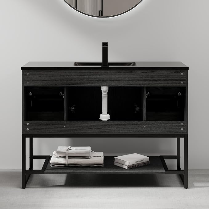 LUCKWIND 48" Modern Bathroom Vanity with Single Black Sink Combo, Freestanding Storage Cabinet with Metal Frame, Water-Saving Faucet and Open Shelf and 2 Soft-Closing Door, Black