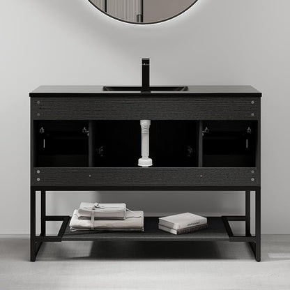 LUCKWIND 48" Modern Bathroom Vanity with Single Black Sink Combo, Freestanding Storage Cabinet with Metal Frame, Water-Saving Faucet and Open Shelf and 2 Soft-Closing Door, Black