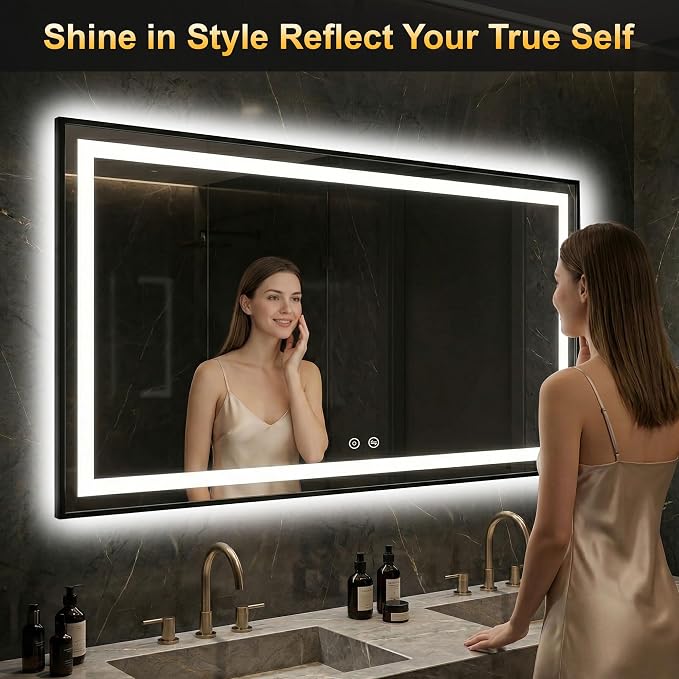 LED Bathroom Mirror with Light, 30x55 Vanity Mirror for Wall with Frame | Anti-Fog, Dimmable 3 Colors, Memory Function, Backlit and Front Lit, Shatter-Proof Glass, Plug-in/Hardwired