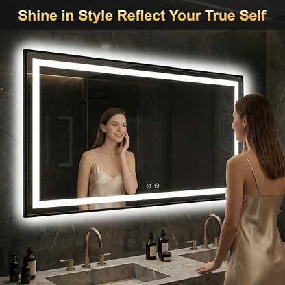 LED Bathroom Mirror with Light, 30x55 Vanity Mirror for Wall with Frame | Anti-Fog, Dimmable 3 Colors, Memory Function, Backlit and Front Lit, Shatter-Proof Glass, Plug-in/Hardwired