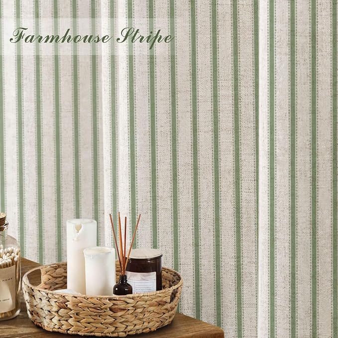 Farmhouse Striped Shower Curtain Green Vintage Linen Curtain 72"W X 84"L | Extra Long Striped Shower Curtains with Linen Texture for Bathroom Decor