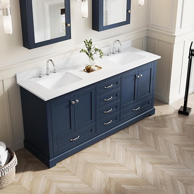 WELLFOR 72 Inch Bathroom Vanity with Double Sinks, Solid Wood Bathroom Vanity W/4 Soft-Close Doors and 6 Drawers, Cultured Marble Countertop Bathroom Vanities W/Two Sinks, (Navy Blue)