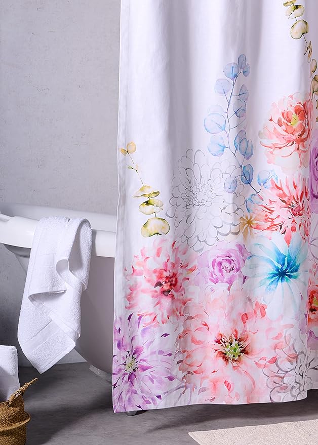 Maison d' Hermine Shower Curtain 100% Cotton One Panel 70"x72" Washable Fabric Shower Curtains for Bathroom, Easy Hanging with 12 Button Holes - Home Hotel Spa Easter Gifts (Floral - White)