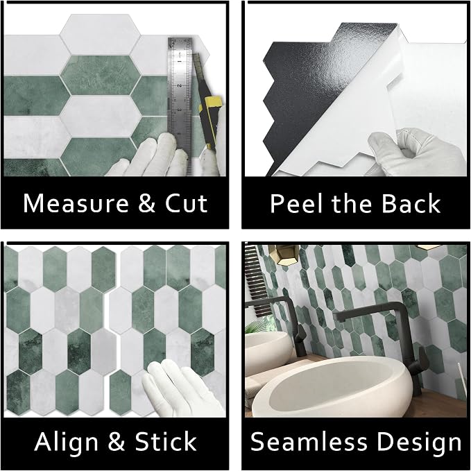 The Tiles Plaza 10-Sheet Peel and Stick Backsplash, 12" x 11.5" Green Cement Long Hexagon Self Adhesive Wall Tile, Stone Composite Stick On Decorative Mosaic Tile for Kitchen Bathroom Fireplace