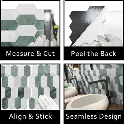 The Tiles Plaza 10-Sheet Peel and Stick Backsplash, 12" x 11.5" Green Cement Long Hexagon Self Adhesive Wall Tile, Stone Composite Stick On Decorative Mosaic Tile for Kitchen Bathroom Fireplace