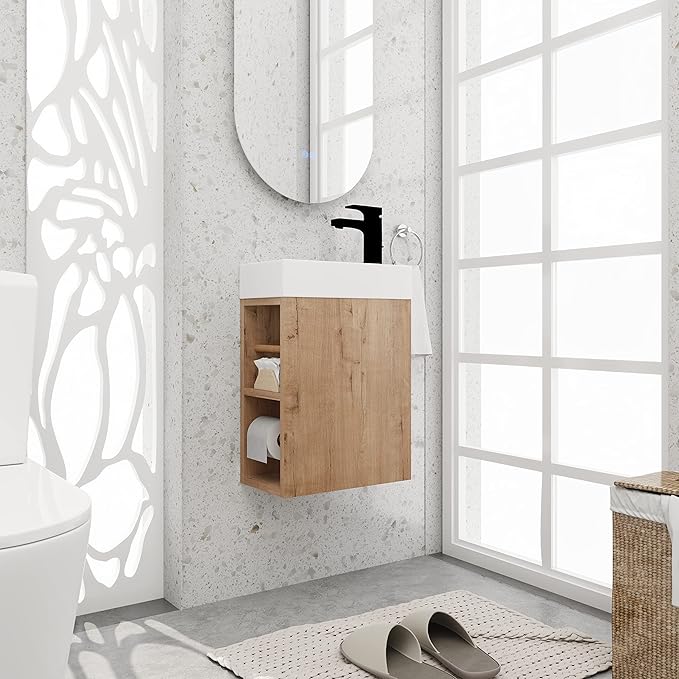 16 Inch Bathroom Vanity with White Sink Combo,Wall-Mounted Bathroom Vanity for Small Space,Modern Floating Bathroom Cabinet with Open Shelves,Brown