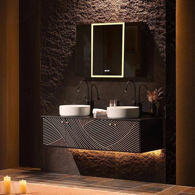 Woodbridge 60"X22" Wall Mounted Vanity with Double Ceramic Round Vessel Sinks,Black Engineered Stone Vanity Top,Floating Design with Hand-Painted Black & Gold Accents,Space-Saving for Modern Living