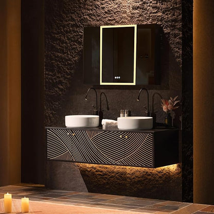 Woodbridge 60"X22" Wall Mounted Vanity with Double Ceramic Round Vessel Sinks,Black Engineered Stone Vanity Top,Floating Design with Hand-Painted Black & Gold Accents,Space-Saving for Modern Living