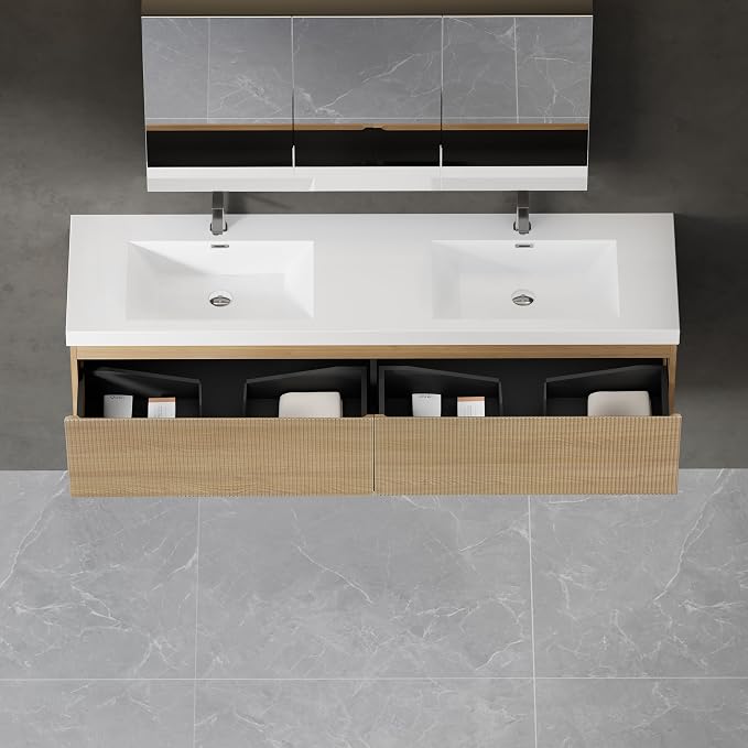 72" Floating Bathroom Vanity with Double Sink, Wall-Mounted Modern Oak Storage Cabinet, Wave-Textured Soft-Close Drawer & Glossy White Solid Surface Basin, Natural Oak