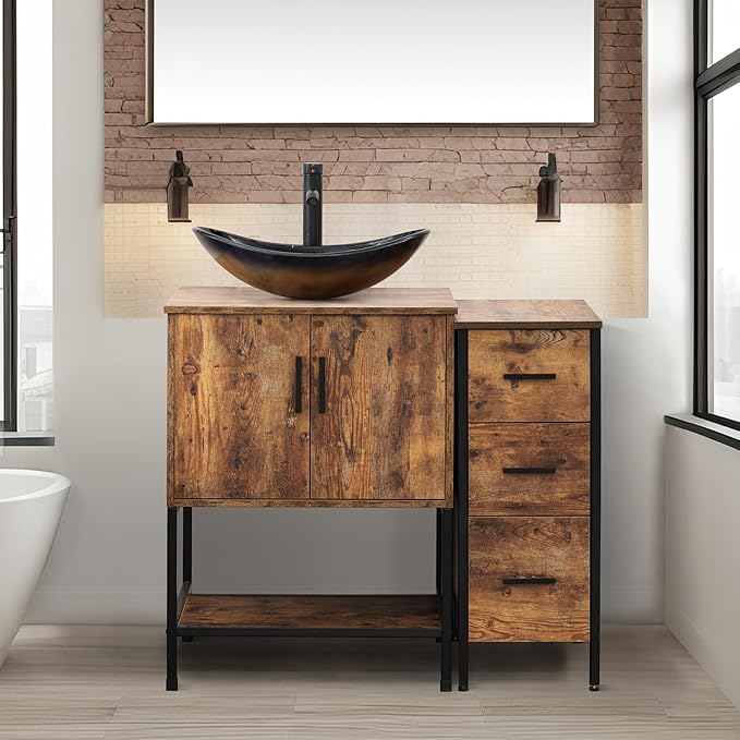 UEV 36" Rustic Brown Bathroom Vanity with Sink Combo,Industrial Iron Frame Bathroom Cabinet Sets with 3 Drawers Side Cabinet,Modern Champagne Boat Tempered Glass Vessel Sink(029CH)