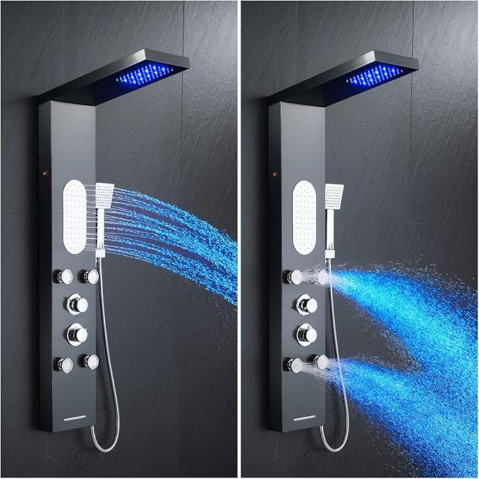 MENATT LED Shower Panel Tower System Stainless Steel,5 in 1 Shower Panels with 4 pcs Body Massage Jets,Body Waterfall Spray,Handheld Shower and Tub Spout,Black