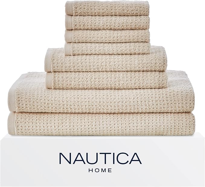 Nautica – Bathroom Towels, Soft Waffle Texture Washcloth, Bath & Hand Towels, Quick Dry & Highly Absorbent Cotton, Set of 8, College Dorm Room Essentials (Oasis Beige)