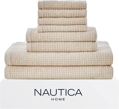 Nautica – Bathroom Towels, Soft Waffle Texture Washcloth, Bath & Hand Towels, Quick Dry & Highly Absorbent Cotton, Set of 8, College Dorm Room Essentials (Oasis Beige)