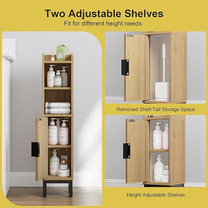 Small Bathroom Storage Cabinet, Corner Narrow Toilet Paper Floor Cabinet with Door and Shelves,Bathroom Organizer with Adjustable Shelf, for Small Spaces (Oak)