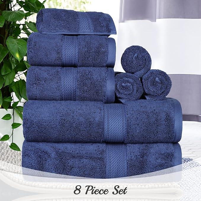 SUPERIOR Egyptian Cotton Ultra Plush & Absorbent, 8 Piece Set, Navy Blue | Quick Dry, Soft Luxury Towel Set, Bath Essentials, Guest Bath, Spa, 2 Bath, 2 Hand, 4 Face Towels, Madeline Towels