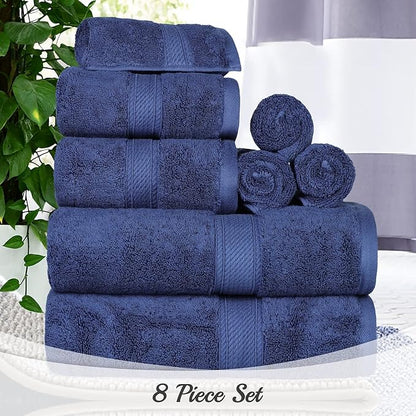 SUPERIOR Egyptian Cotton Ultra Plush & Absorbent, 8 Piece Set, Navy Blue | Quick Dry, Soft Luxury Towel Set, Bath Essentials, Guest Bath, Spa, 2 Bath, 2 Hand, 4 Face Towels, Madeline Towels