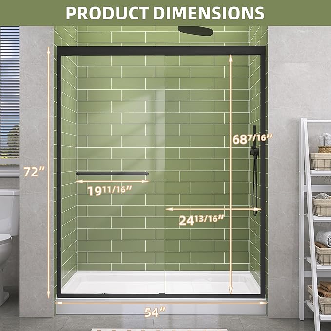 GETPRO Sliding Shower Door 50-54 in. W x 72 in. H Semi-Frameless Bypasss Double Sliding Glass Shower Enclosure,1/4 inch Clear Tempered Glass Door for Walk-in Shower Matte Black