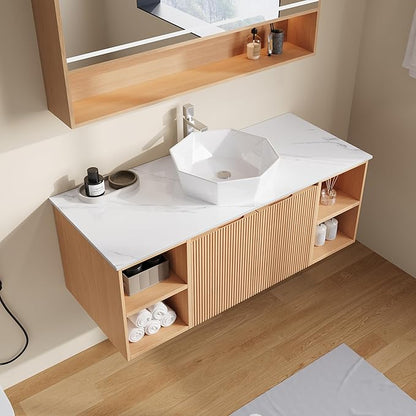 48" Floating Bathroom Vanity with Sink, Modern Vanity Cabinet with Sintered Stone Countertop, Wall Mount Bathroom Sink with Storage, Ceramic Basin, Light Wood (Polygon)