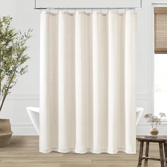 Cream Linen Shower Curtain for Bathroom Water Repellent 72x108 Inch | Extra Long, Extra Tall, Large, Shower Curtains 108 Inches Long, Hotel, Luxury Neutral, Ivory, Fabric Drapes, with Hooks Set