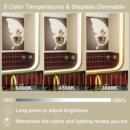 16x24 Inch Gold LED Bathroom Mirror with 3000K/4500K/6000K Lights | Stepless Dimmable, Memory Funtion, Anti-Fog, Aluminum Frame Wall Mounted Lighted Vanity Mirror, ETL Listed, IP54 Waterproof