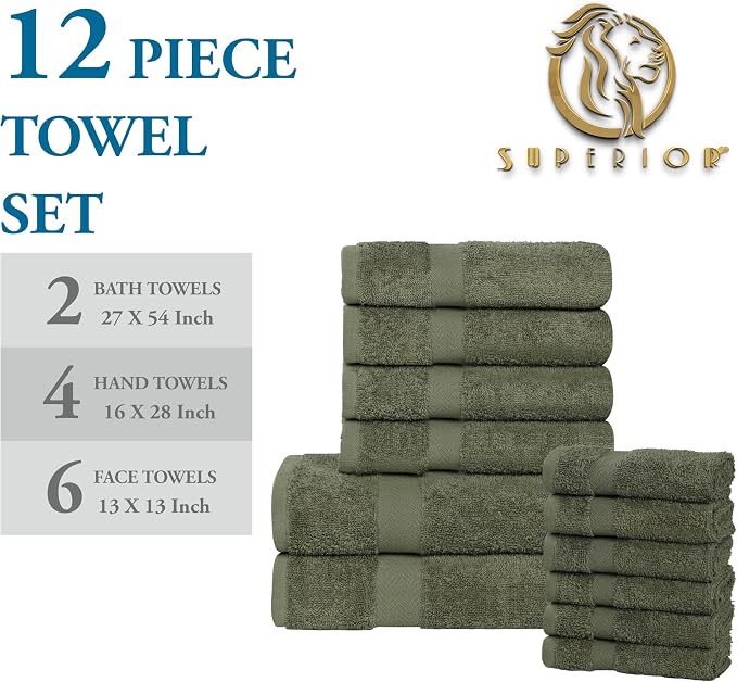 Superior 12-Piece Cotton Assorted Towel Set, Includes 6 Face Towel, 4 Hand, and 2 Bath Towels, Home, Bathroom, Guest Bath Essentials, Quick Dry, Absorbent, Franklin Collection - Forest Green