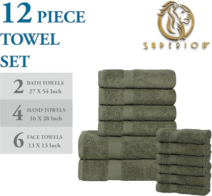 Superior 12-Piece Cotton Assorted Towel Set, Includes 6 Face Towel, 4 Hand, and 2 Bath Towels, Home, Bathroom, Guest Bath Essentials, Quick Dry, Absorbent, Franklin Collection - Forest Green