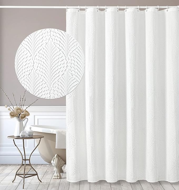 White Shower Curtain for Bathroom, Farmhouse Bath Curtain 72x72 | White Shower Curtain for Bathroom, 3D Leaf Embossed Textured Fabric Shower Curtain, Modern Farmhouse Bathroom Decor,