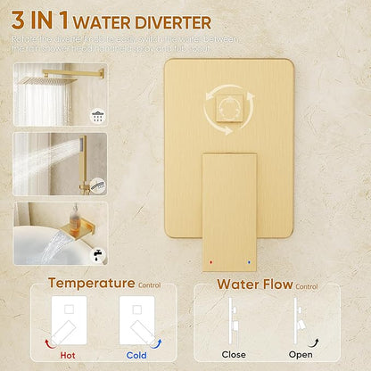 Gold Shower System with Tub Spout, All Metal Tub Shower Faucet Set with 10" Rain Shower Head and Handheld Spray combo, Wall Mounted Tub Shower Systems with Valve and Trim Kit, Brushed Gold