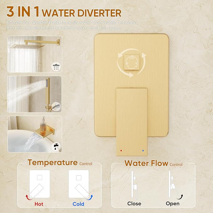 Gold Tub Shower System with 12" Rain Head, Handheld & Valve Kit | All-Metal Tub Shower Faucet Set, Wall Mounted Rain Showerhead, Handheld Spray, Includes Valve and Trim Kit, Brushed Gold