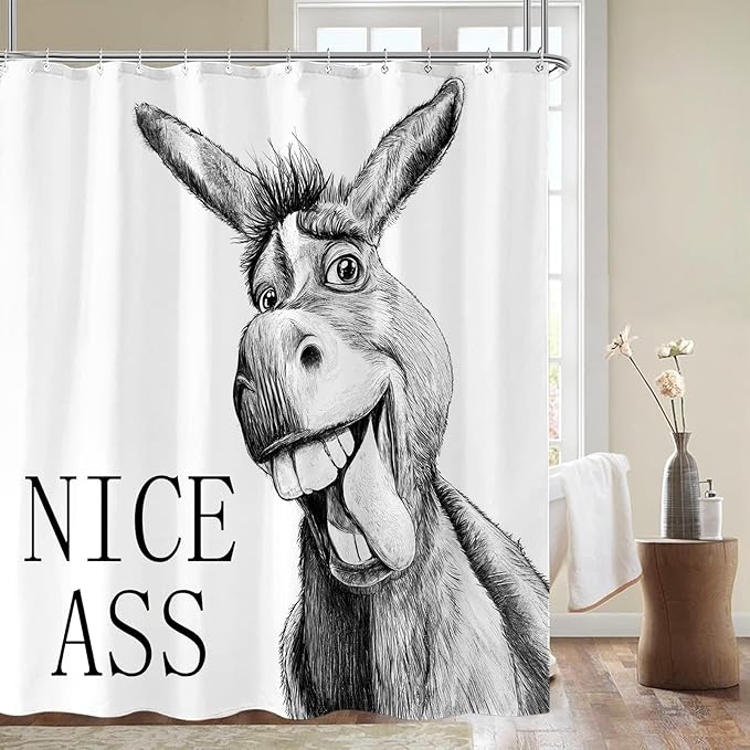 Funny Donkey Shower Curtain Rustic Farmhouse Shower Curtains for Bathroom Black and White Fun Cute Animal Wildlife Waterproof Fabric Bath Curtain Decor 72 X 72 Inch