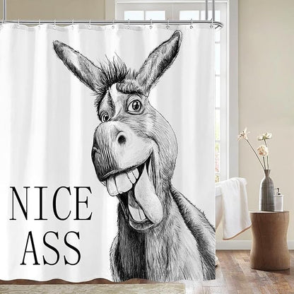Funny Donkey Shower Curtain Rustic Farmhouse Shower Curtains for Bathroom Black and White Fun Cute Animal Wildlife Waterproof Fabric Bath Curtain Decor 72 X 72 Inch