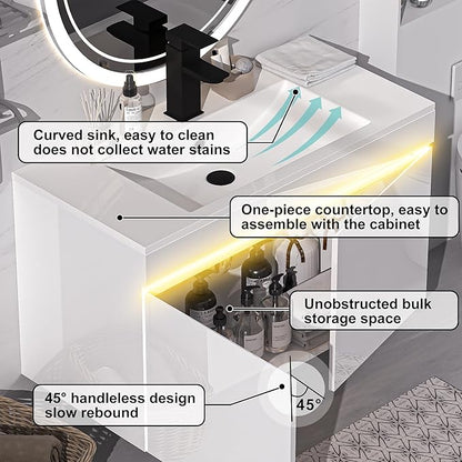 AHB 30 inch Bathroom Vanity W/Sink Combo, High Gloss Bathroom Cabinet, Smart Wall Mounted Sink Cabinet Auto Motion Sensor LED Light, Modern Floating Vanity with Faucet