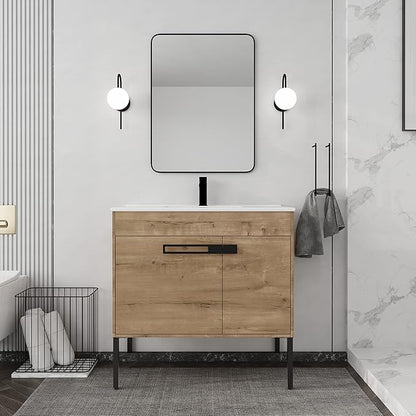36 Inch Bathroom Vanity with Sink, Modern Freestanding Bathroom Vanity Set, Brown Vanity, Soft-Closing Door and Thick Edge Ceramic Basin - 36" (IMO, 36inch)