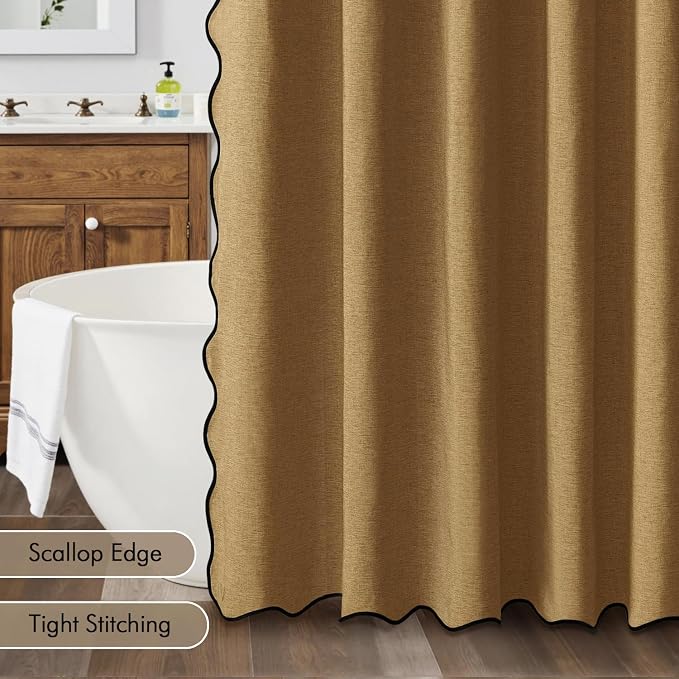 MIULEE 72"x84" Extra Long Scalloped Linen Shower Curtain Gold Brown | Linen Textured, Waterproof, Washable, 12 Metal Hooks, Heavy Duty Cloth, Black Border, Shower Curtain for Bathroom Bathtub