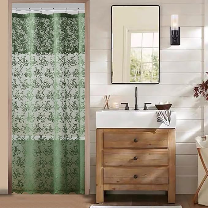 TUDECO Green Stall Shower Curtain with Attached Valance, 36'' x 72'' | Emerald Green, Narrow Compact Bathroom, Semi-Sheer, Elegant Floral, Scalloped Edges,Reinforced Holes, Machine Washable