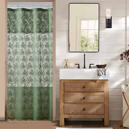TUDECO Green Stall Shower Curtain with Attached Valance, 36'' x 72'' | Emerald Green, Narrow Compact Bathroom, Semi-Sheer, Elegant Floral, Scalloped Edges,Reinforced Holes, Machine Washable