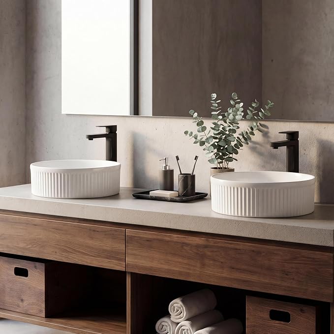 JONATHAN Y Element 14.75" Round Fluted Vessel Sink, White | Ceramic, Above Counter Vanity Basin, 5.25" Height, 1.75" Drain Hole, Stain Resistant Glaze, Modern Minimalist Style