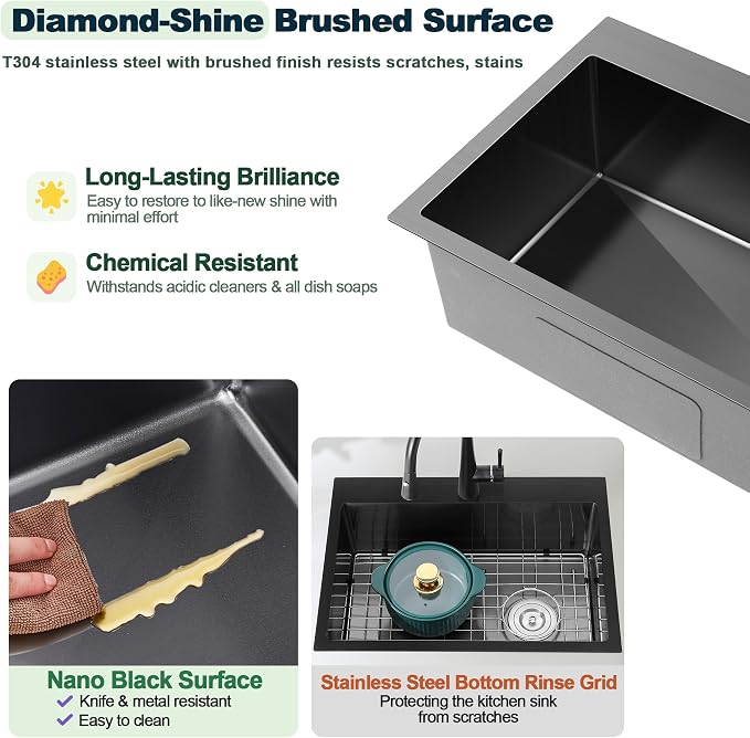 24x18x9 Inch Drop in Kitchen Sink | 304 Black Stainless Steel Single Bowl,Right Offset Drain, R10 Tight Corner, Topmount Kitchen Sink with Strainer & Bottom Grid