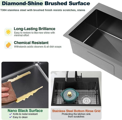 25x18x9 Inch Kitchen Sink, 304 Black Stainless Steel Sink | Centre-Offset Drain, Pre-Drilled Holes, R10 Tight Corner, Drop in Kitchen Sink with Strainer & Bottom Grid