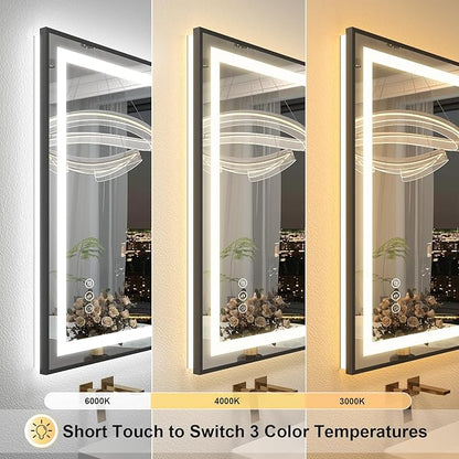 OKPAL 50x40 Black Lighted Mirrors for Bathroom Wall, Framed LED Bathroom Mirror, Defogger, Dimmable, Shatterproof, Memory, 3 Colors, ETL Listed (Front Light and Backlit)