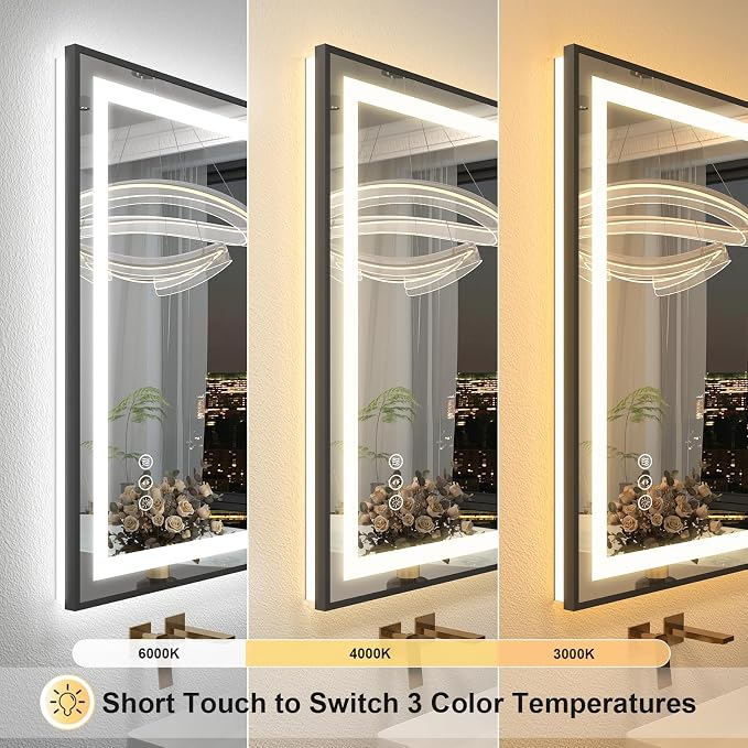 OKPAL 24x30 LED Bathroom Mirror with Black Frame, Lighted Bathroom Mirror for Vanity, Frontlit & Backlit, Anti-Fog, Dimmable, Memory, Shatterproof, ETL Listed, Horizontal/Vertical