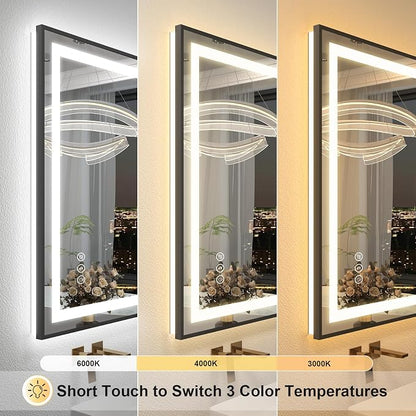 OKPAL 24x32 LED Bathroom Mirror with Black Frame, Lighted Mirrors for Bathroom Wall, Frontlit & Backlit LED Bathroom Vanity Mirror, Anti-Fog, Dimmable, Shatterproof, ETL Listed
