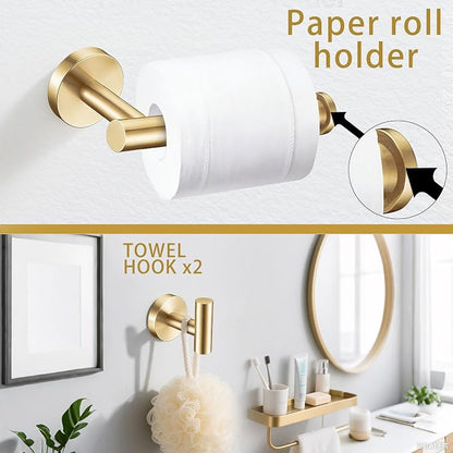 6 Pieces Brushed Gold Bathroom Hardware Accessories Set Hand Towel Ring 16&23.6 inch Round Towel Bar Toilet Paper Holder Towel Hooks 2 Pieces SUS 304 Stainless Steel,Heavy Duty,Wall Mounted