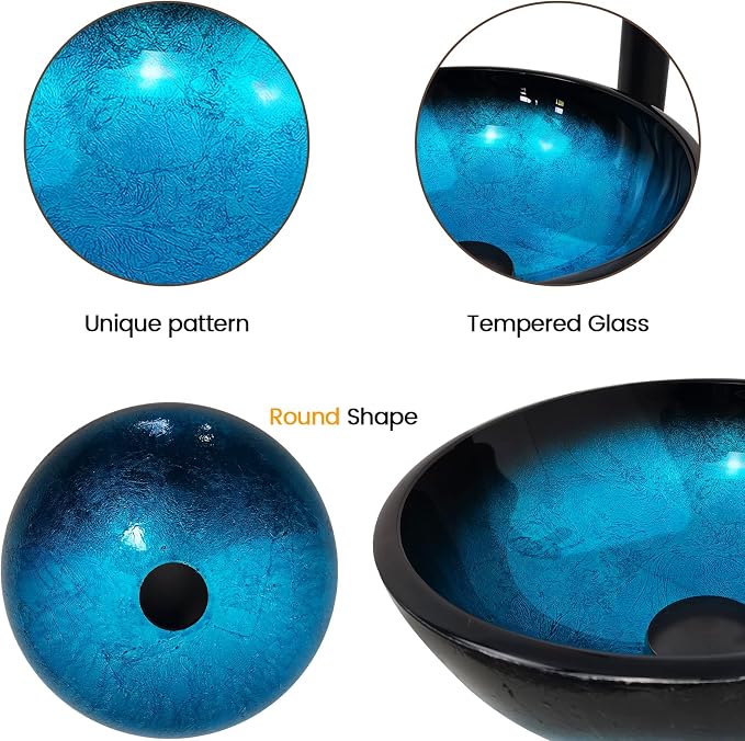 Vessel Sink 12" Bathroom Sinks Tempered Glass Blue Art Basin Round Bowl with Faucet Combo, Blue