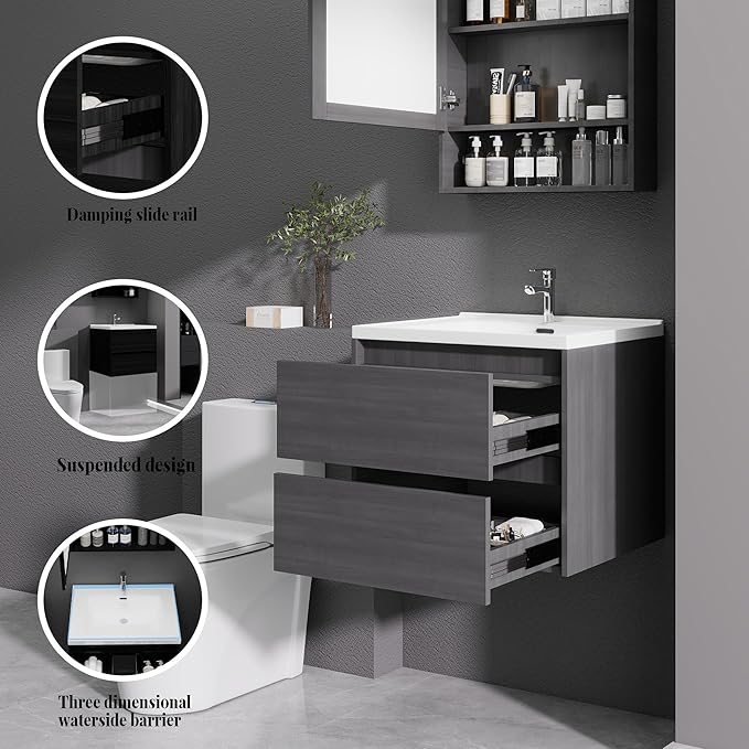 Grey Floating Bathroom Vanity with Sink, 23x18 Inch Wall Mounted Bathroom Cabinet with 2 Drawers, Modern Single Sink Vanity for Small Bathroom, Space-Saving Storage Cabinet