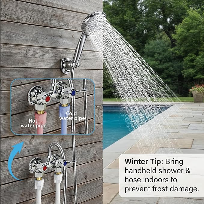 Outdoor Shower Kit Fixture Dual Handle Solid Brass 4 Inch Center Mix Valve with 59 Inch Hose and Showerhead Outdoor Shower System with ABS 6 Spray Mode Handheld Chrome Polish